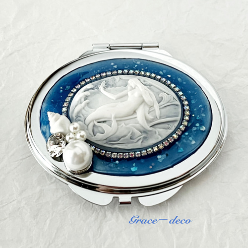楕円コンパクトミラー マーメイド クリスタル＆パール 青×白 手鏡