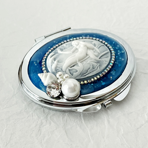 楕円コンパクトミラー マーメイド クリスタル＆パール 青×白