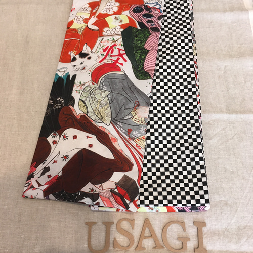 妖怪猫 半幅帯 着物 浴衣 紬 市松 和柄 鳥獣戯画 浮世絵 和装