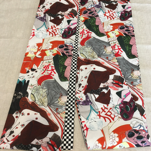 半幅帯　妖怪猫　浮世絵猫　鳥獣戯画　長尺　和装　着物　化け猫　猫柄　藍色 半幅帯 妖怪猫 浮世絵猫 鳥獣戯画 長尺 和装 着物 ファブリック