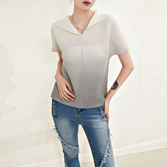 ゆったりブイねっくおしゃれなぜんびんプリーツ半袖 チュニック