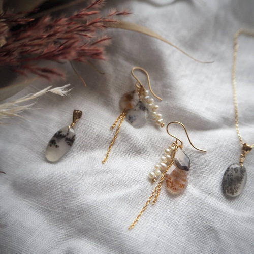 14Kgf×デンドリティックアゲートとつのつのあこやのピアス ピアス