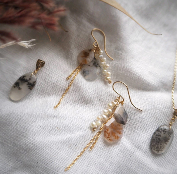 たぁ(ฅ✧ω✧ฅ)♦︎14kgfデンドリックアゲートピアス/イヤリング 14Kgf×デンドリティックアゲートとつのつのあこやのピアス ピアス