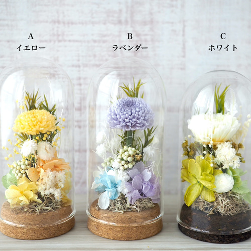 お供え用 プリザーブドフラワーアレンジ作品 ガラスドームで長持ち 白紫 お供え用 プリザーブドフラワーアレンジ ガラスドームで長持ち 白紫