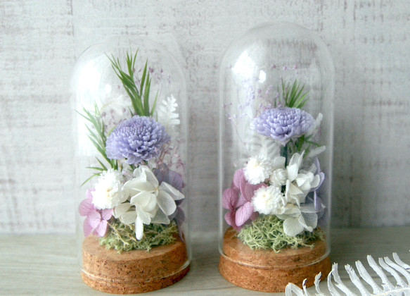 仏花)お供え花 一対(2個)セット ガラスドーム lavender 仏花)お供え花 一対(2個)セット ガラスドーム lavender