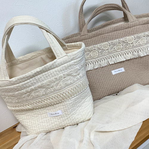 ヌビトートバッグM/インド刺繍×マクラメフリンジ トートバッグ