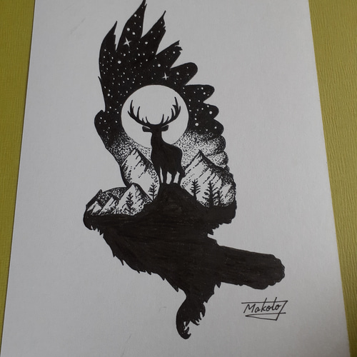 点描画アート フクロウと月明かりのトナカイ 絵画 makochin 通販