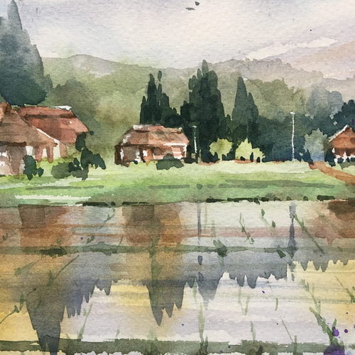 185)原画 水彩画 風景画 荻ノ島かやぶきの里(新潟県) 絵画 185)原画 水彩画 風景画 荻ノ島かやぶきの里(新潟県) 絵画