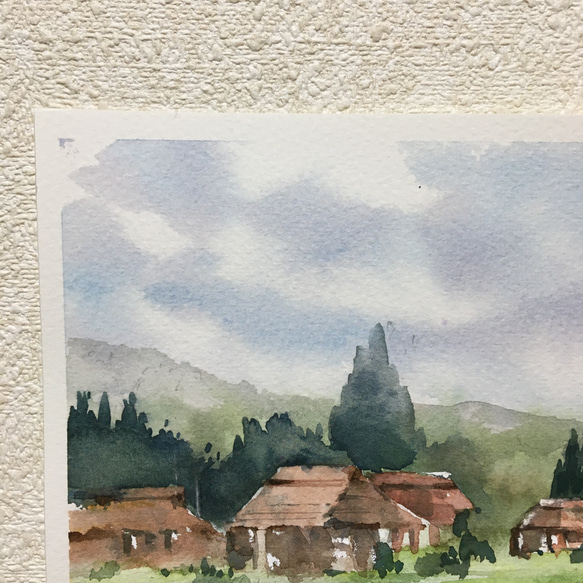 （185）原画　水彩画　風景画　荻ノ島かやぶきの里（新潟県） 5枚目の画像