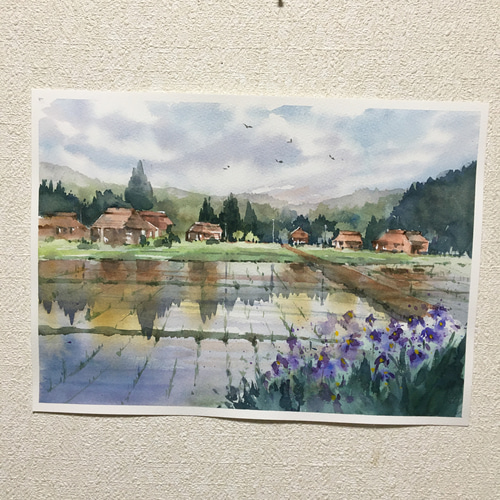 185）原画 水彩画 風景画 荻ノ島かやぶきの里（新潟県） 絵画