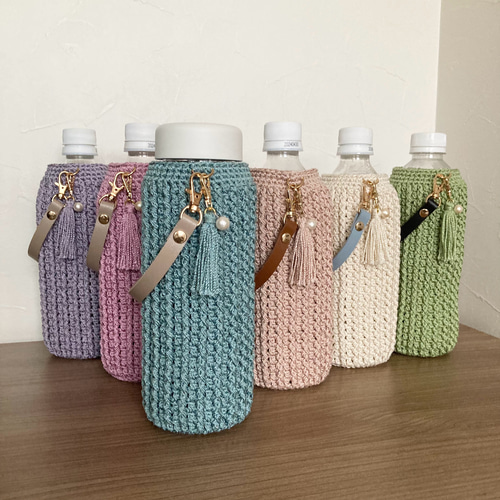 ペットボトルカバー 青い薔薇 本革持ち手付き ハンドメイド ペット