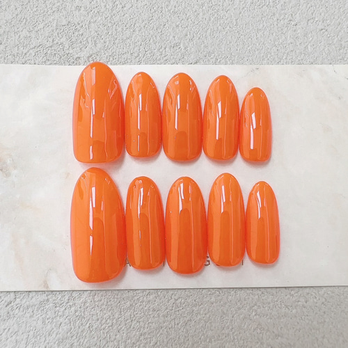 蛍光 オレンジ色 ロング ネイルチップ ネオンカラー 単色 ワンカラー