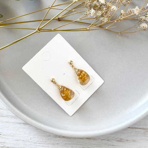 琥珀ピアスorイヤリング ピアス（スタッド・一粒） 黄色と小鳥と星と