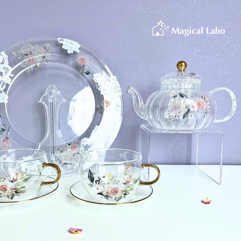 ピンクローズとレースのティーセット★耐熱＊4点セット