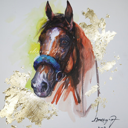 競走馬のポートレート　(墨絵、墨、水彩、金箔、高級水彩画用紙４６ｃｍ×３８ｃｍ) 1枚目の画像