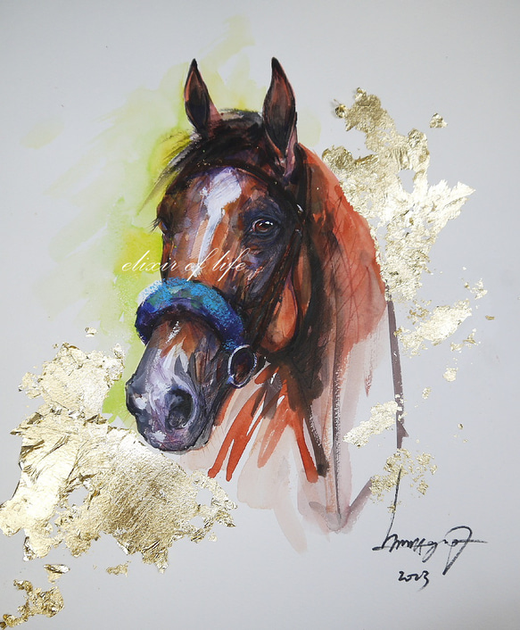 競走馬のポートレート　(墨絵、墨、水彩、金箔、高級水彩画用紙４６ｃｍ×３８ｃｍ) 1枚目の画像