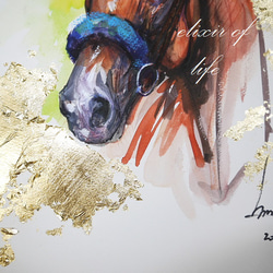 競走馬のポートレート　(墨絵、墨、水彩、金箔、高級水彩画用紙４６ｃｍ×３８ｃｍ) 3枚目の画像
