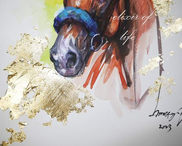 競走馬のポートレート　(墨絵、墨、水彩、金箔、高級水彩画用紙４６ｃｍ×３８ｃｍ) 3枚目の画像