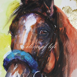 競走馬のポートレート　(墨絵、墨、水彩、金箔、高級水彩画用紙４６ｃｍ×３８ｃｍ) 2枚目の画像