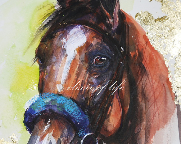 競走馬のポートレート　(墨絵、墨、水彩、金箔、高級水彩画用紙４６ｃｍ×３８ｃｍ) 2枚目の画像