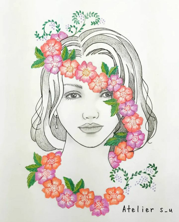 「花飾り　ナデシコ」A4鉛筆画(原画) 1枚目の画像