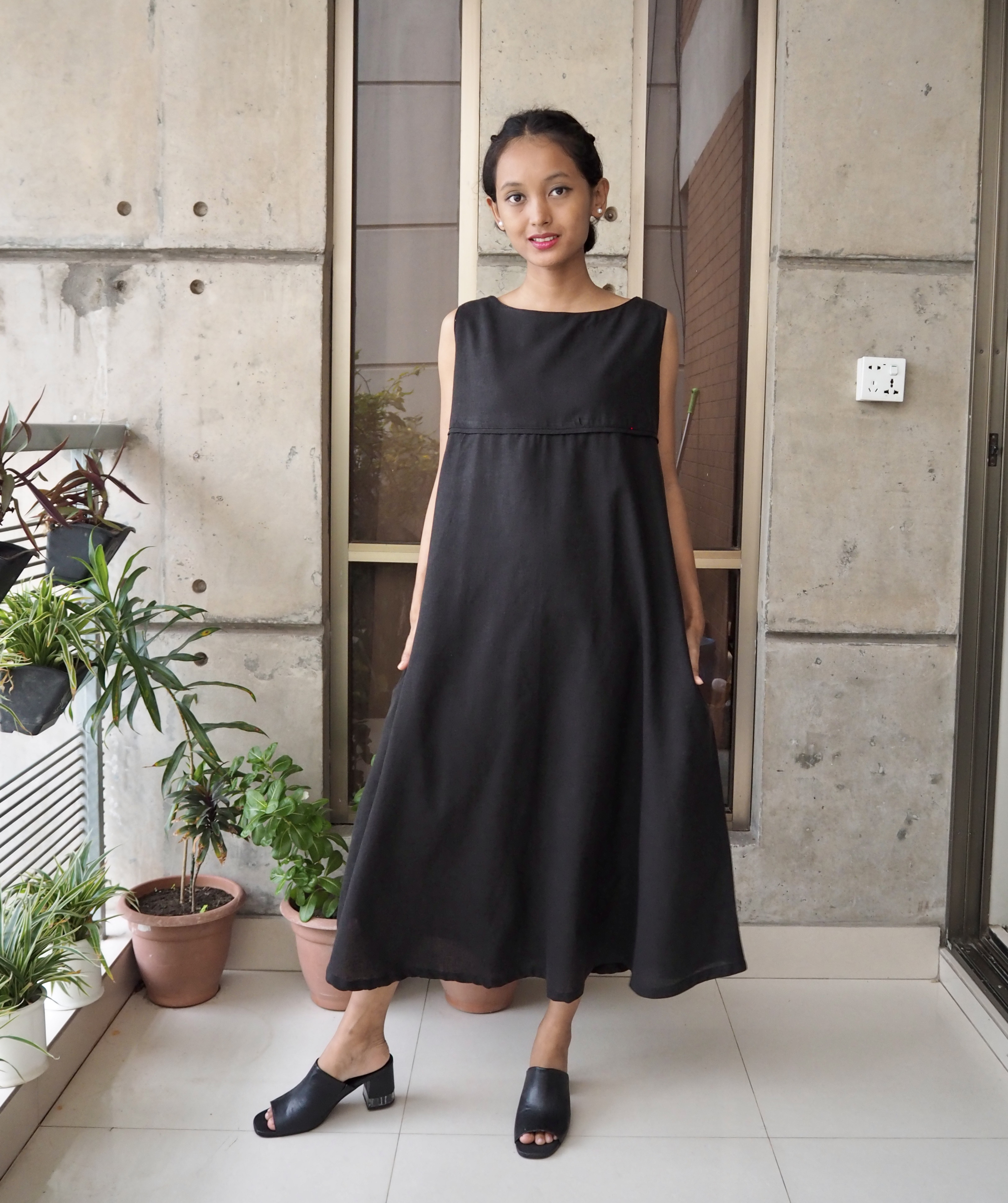 綿麻素材/Aラインワンピース/マキシ丈