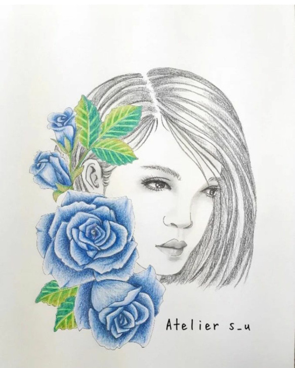 「花飾り　ブルーローズ」A4鉛筆画(原画) 1枚目の画像