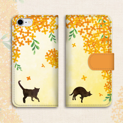 猫と金木犀の手帳型スマホケース （夕陽色） 猫 金木犀 黒猫 iphone14 iphone15 SE3 他 2枚目の画像