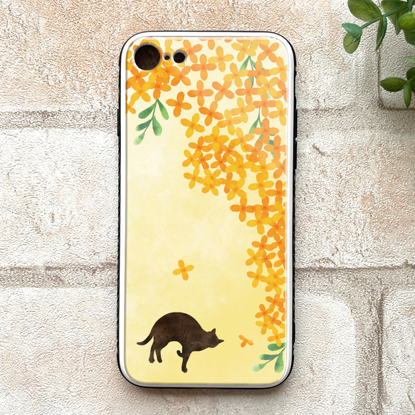 猫と金木犀のスマホケース （強化ガラス/夕陽色） iphone15 iphone14 金木犀 花 スマホケース 猫 1枚目の画像