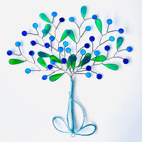 ブルーフラワーのワイヤークラフト ステンドグラス風 スワッグ