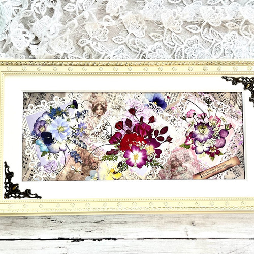 レトロ感満載の貴婦人とコラージュ押し花アート額 その他アート