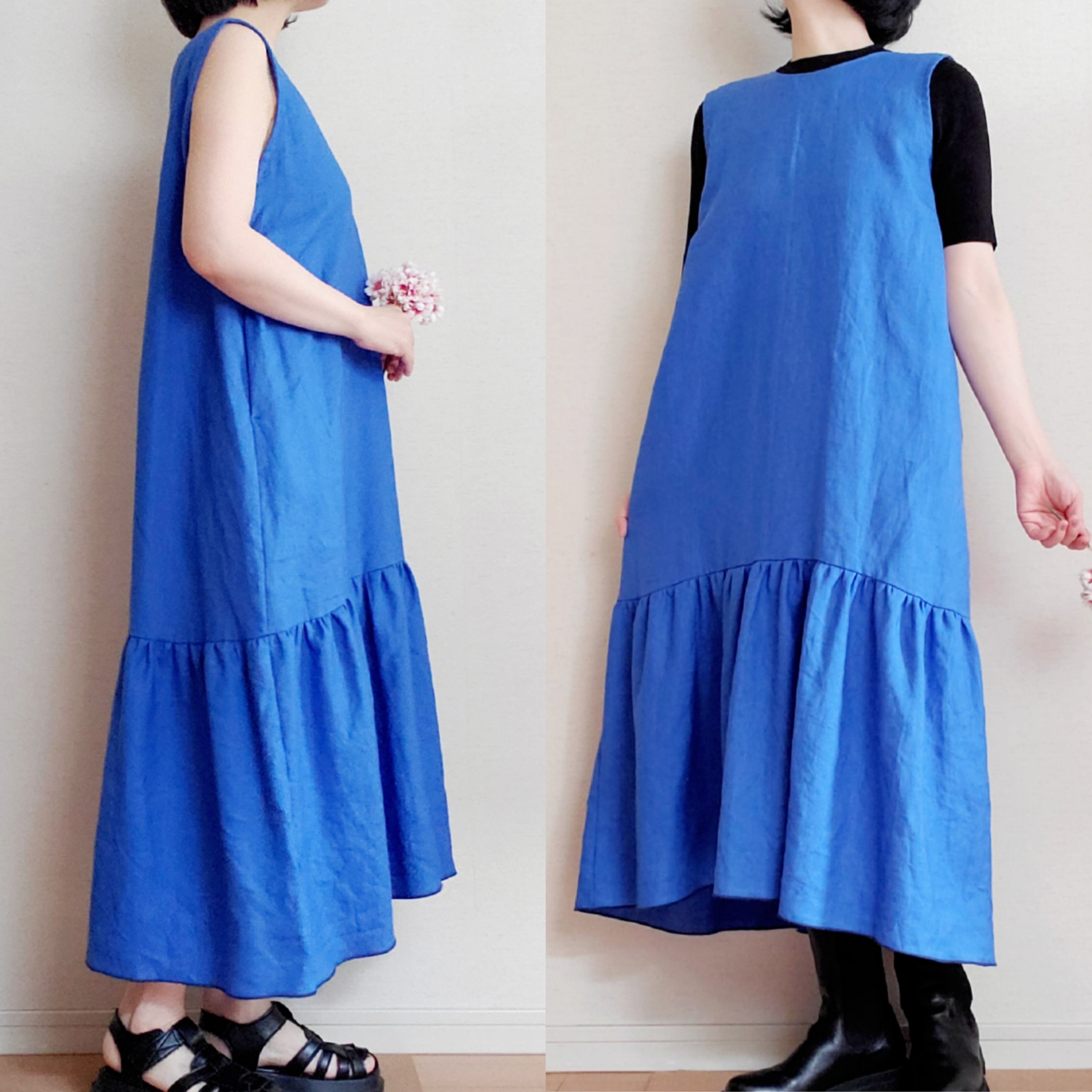 【限定一着】一年中着回せる！一枚で涼しげに♪重ねてジャンパースカートにも♡上質リネンのワンピースLINEN100瑠璃色