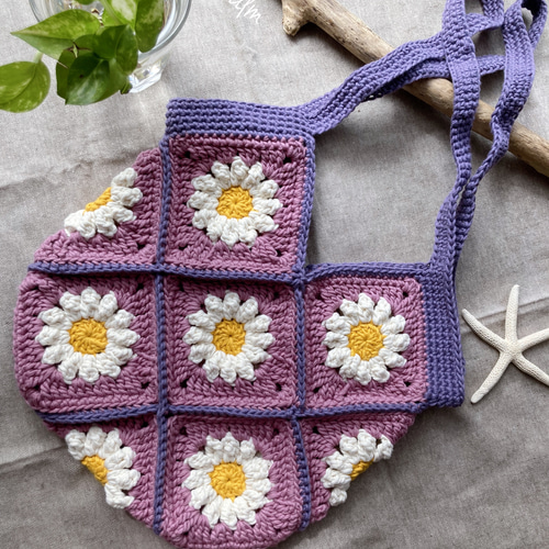 ハンドメイド グラニーバッグ No 36 花柄刺繍＋茶色かすり模様