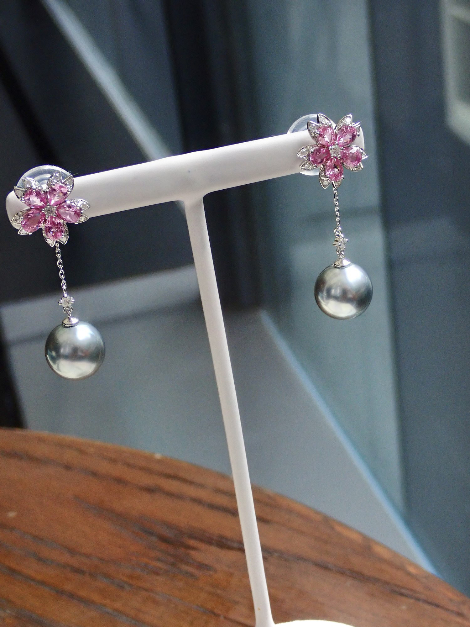 高級】タヒチ黒蝶真珠&ピンクサファイア2wayピアスk18 ピアス  