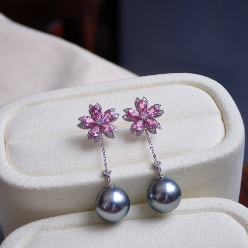 高級】タヒチ黒蝶真珠&ピンクサファイア2wayピアスk18 ピアス  