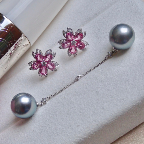 高級】タヒチ黒蝶真珠&ピンクサファイア2wayピアスk18 ピアス  