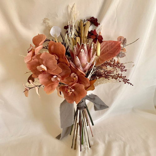 胡蝶蘭アーティフィシャルフラワー ウェディングブーケ ブートニア 胡蝶蘭♡ドライタッチウェディングブーケ＆ブートニア【アーティ