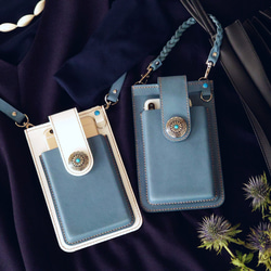 《特集掲載》【くすみブルー革】スマホポシェット・飾りカシメ付【縦型・肩紐長さ調整可・2way】※袋ラッピング無料 1枚目の画像