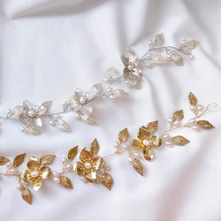 お花とリーフの小枝ヘアアクセサリー　ゴールド　ブライダル　結婚式　前撮り　ヘッドドレス　成人式　ティアラ　パール 6枚目の画像