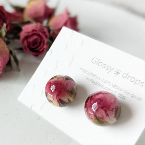 薔薇ビジュー♡リトルウッズ　雫　ボタニカルレジン　ピアス/イヤリング✩*¨ 本物のバラのつぼみ【 香り立つ 】薔薇 の 精 〜 バレエ シリーズ