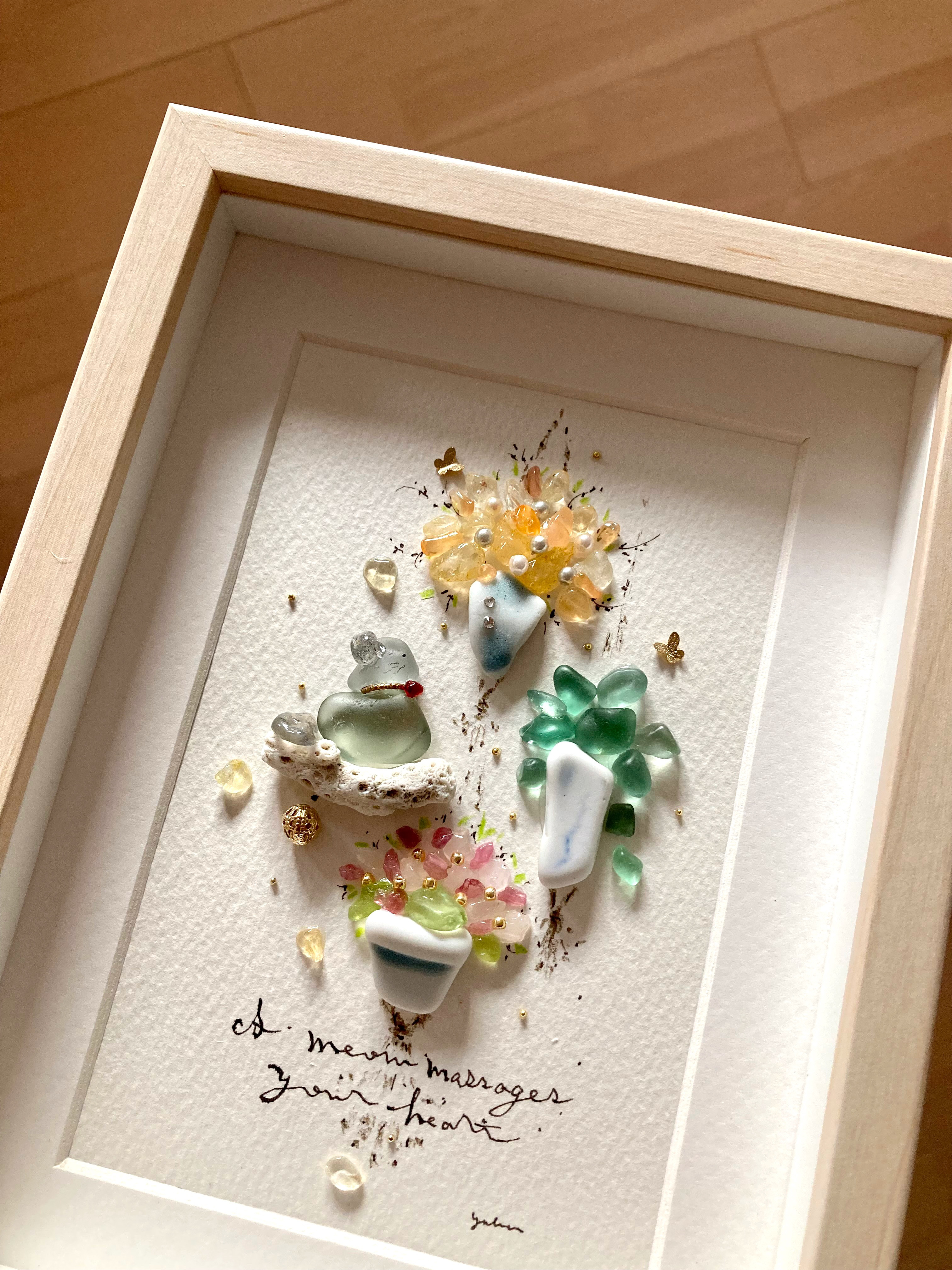 みときち　シャンパンカクテルとうさぎ　シーグラス／天然石／フレームアート 幸せのcocktail♡シーグラスアート
