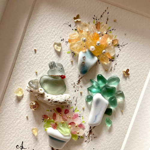 みときち　シャンパンカクテルとうさぎ　シーグラス／天然石／フレームアート 幸せのcocktail♡シーグラスアート