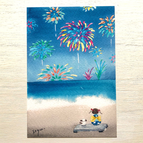 透明水彩画「海のポストカード6枚セット」イラスト 海 ヨット 猫 ねこ  