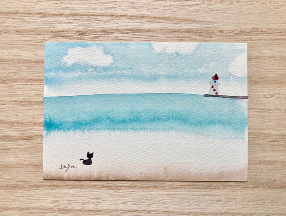 透明水彩画「海のポストカード5枚セット」イラスト　海　ヨット　猫　ねこ　ネコ　犬　暑中見舞い　残暑見舞い　お礼状　夏 4枚目の画像