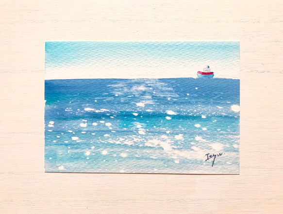 透明水彩画「海のポストカード5枚セット」イラスト　海　ヨット　猫　ねこ　ネコ　犬　暑中見舞い　残暑見舞い　お礼状　夏 6枚目の画像