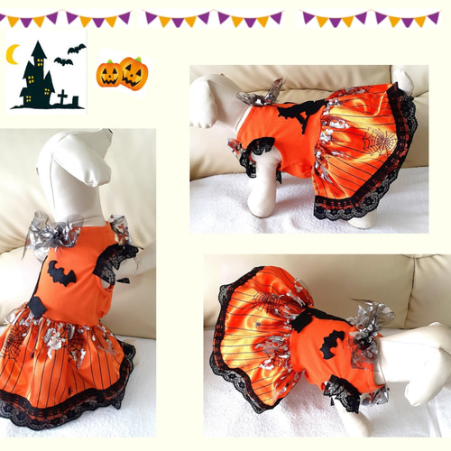 犬服 ハロウィンワンピース サテンスパイダースカート オレンジ