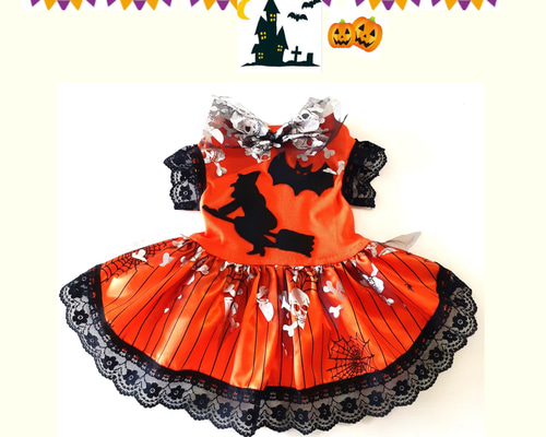 ♥︎︎Rossher♡♡♥︎︎ ハンドメイド犬服 ハロウィン チュールワンピース 犬服～ハロウィン チュールギャザーワンピース 秋 受注製作(XS