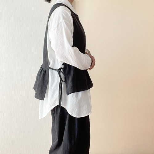 サイドリボンベスト　黒リネン