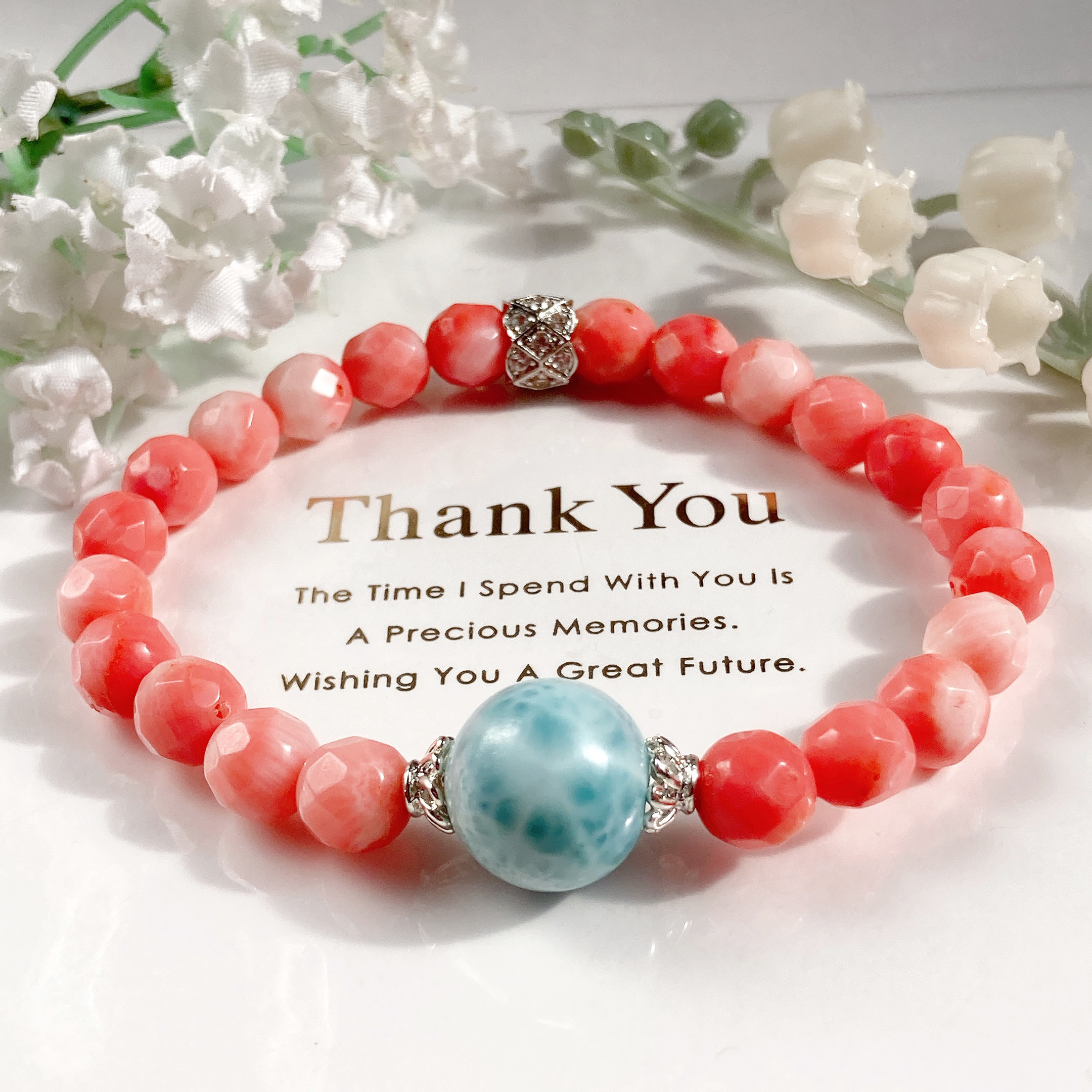 ˚✧₊⁎一点物˚✧₊⁎ 大粒ラリマーカットコーラル天然石ブレスレット