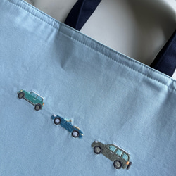 受注製作・名入れOK【2サイズ・サイズ変更可】水色・車の刺繍・レッスンバッグ・男の子・マチあり・マチなし・入園・入学 8枚目の画像